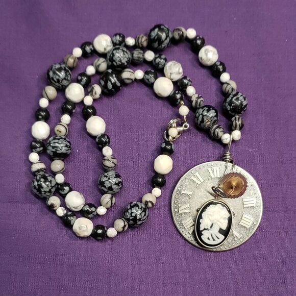 Steampunk Style Natural Stone, Skeleton Cameo, Roman Numeral Clock Disc Necklace - Picture 5 of 12